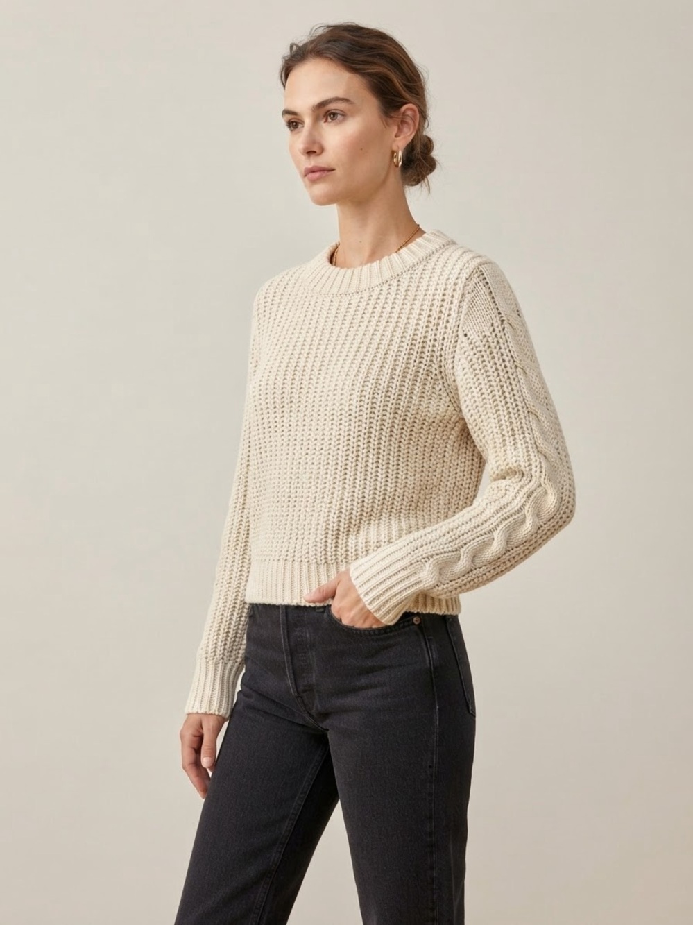 Zara Cream Cable-Sleeve Crewneck Sweater